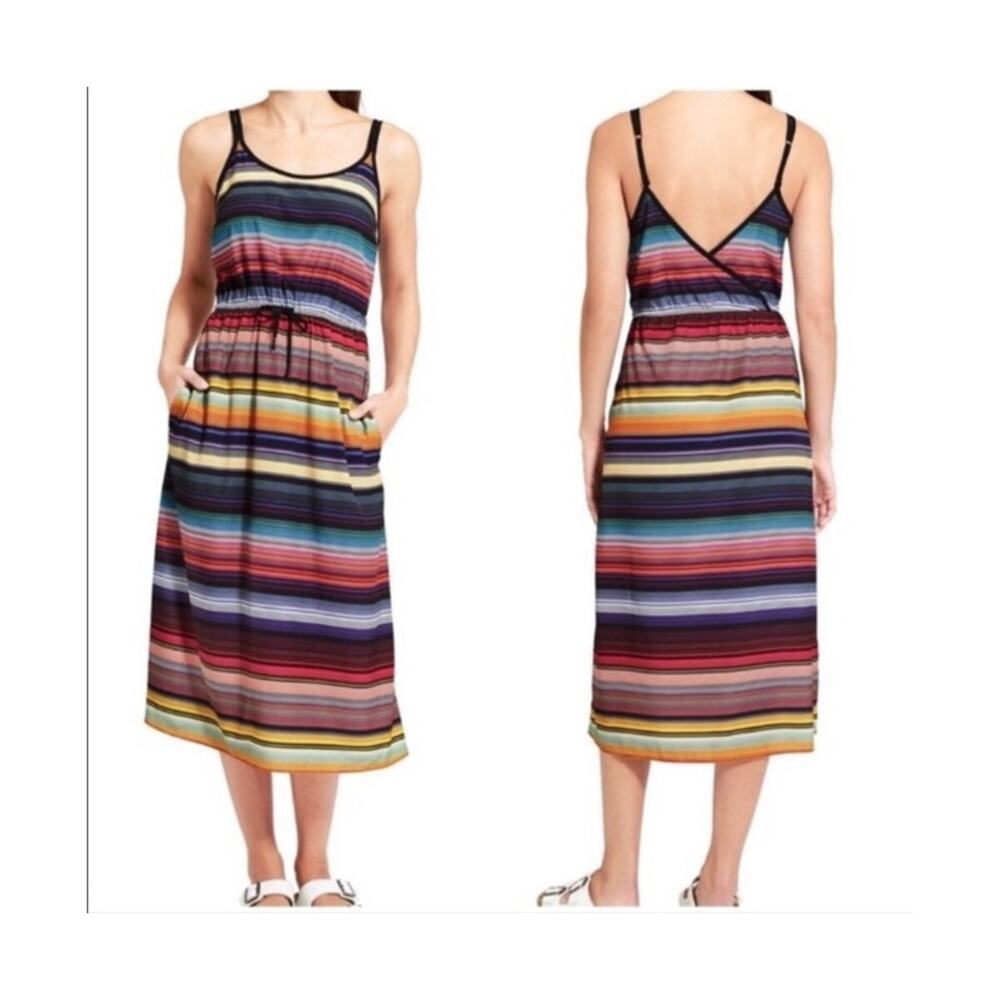 Athleta Havana Bold Multi Color Striped Cross V-Back Pockets Comfy Midi Dress